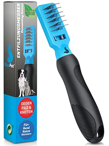 BluePet Profi Entfilzungskamm für Hunde und Katzen I Entfilzungshaken, Entfilzungsmesser, Entfilzungsharke Katze, Knoten Entferner Katze, Entfilzungskamm Hund, Entfernt Verfilzungen und Knoten von BluePet