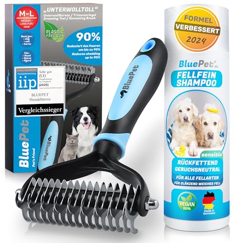 BluePet Shampoo + UnterwollToll Hundebürste langhaar & Katzenbürste langhaar I Unterwollkamm entfernt Unterwolle & Verfilzungen I Deckhaarschutz & Knoten Entfernen I Unterfellbürste für Fellwechsel von BluePet