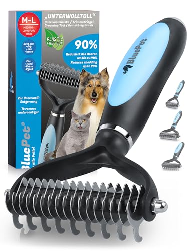 BluePet UnterwollToll Hundebürste langhaar & Katzenbürste langhaar I Unterwollkamm entfernt Unterwolle & Verfilzungen I Deckhaarschutz & Knoten Entfernen I Unterfellbürste für Fellwechsel von BluePet