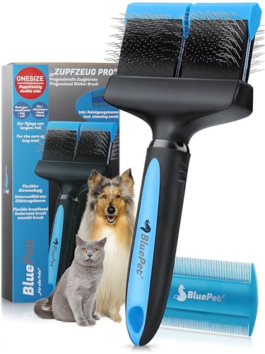 BluePet ZupfZeug Pro Professionelle Hundebürste Langhaar, Flexible Zupfbürste für Hunde & Katzen I Entfernt sanft Unterwolle, Verfilzungen & Knoten (Doppelkopf Blau) von BluePet