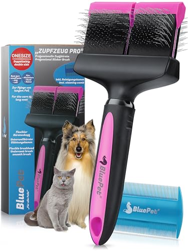 BluePet ZupfZeug Pro Professionelle Hundebürste Langhaar, Flexible Zupfbürste für Hunde & Katzen I Entfernt sanft Unterwolle, Verfilzungen & Knoten (Doppelkopf Rosa) von BluePet