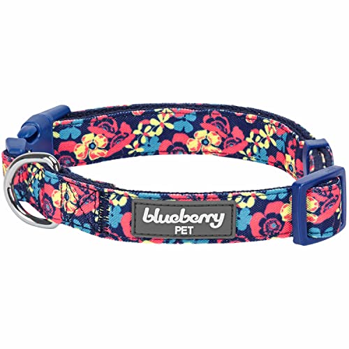 Blueberry Pet Fein Gefertigtes Inniges Blumendruck Hundehalsband in Marine für Hunde, L, Hals 45cm-66cm von Blueberry Pet