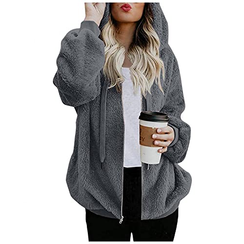 Bluelucon Damen Teddy Fleecejacke mit Kapuze Warme Flauschjacke Leichte Casual Warm Oberteil Langarm Einfarbig Casual Sweatshirt Warm Teddy Mantel Plüschjacke Frau Wintermantel Kurzmantel von Bluelucon