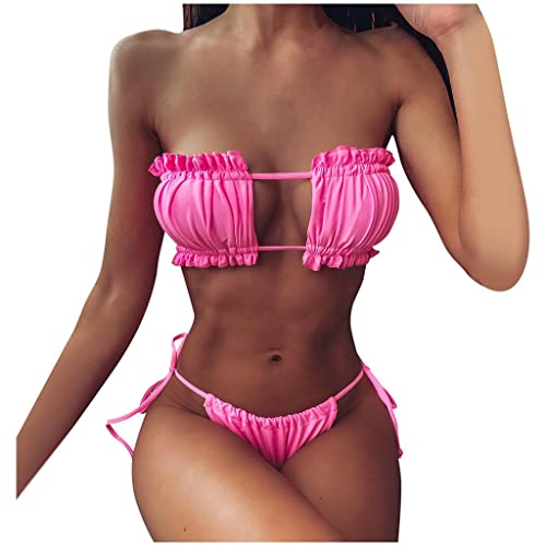 Damen Bikini Set, schulterfrei Bandeau mit Kordelzug & Rüschen High Cut Einfarbig Bademode, trägerlos, gerippt, Rüschen Ausschnitt, Bandeau Bikini Set, Zweiteiliger Sommer Badeanzug Sexy Tanga von Bluelucon
