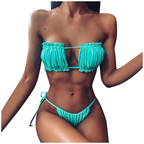 Damen Bikini Set, schulterfrei Bandeau mit Kordelzug & Rüschen High Cut Einfarbig Bademode, trägerlos, gerippt, Rüschen Ausschnitt, Bandeau Bikini Set, Zweiteiliger Sommer Badeanzug Sexy Tanga von Bluelucon