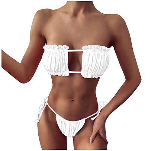 Damen Bikini Set, schulterfrei Bandeau mit Kordelzug & Rüschen High Cut Einfarbig Bademode, trägerlos, gerippt, Rüschen Ausschnitt, Bandeau Bikini Set, Zweiteiliger Sommer Badeanzug Sexy Tanga von Bluelucon