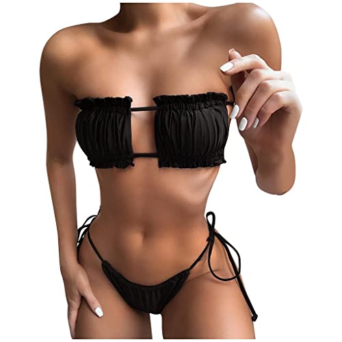 Damen Bikini Set, schulterfrei Bandeau mit Kordelzug & Rüschen High Cut Einfarbig Bademode Gepolsterte Bikini Set, Einfarbige Verknotete Badeanzug Hohe Taille Sommer Sexy Tanga von Bluelucon