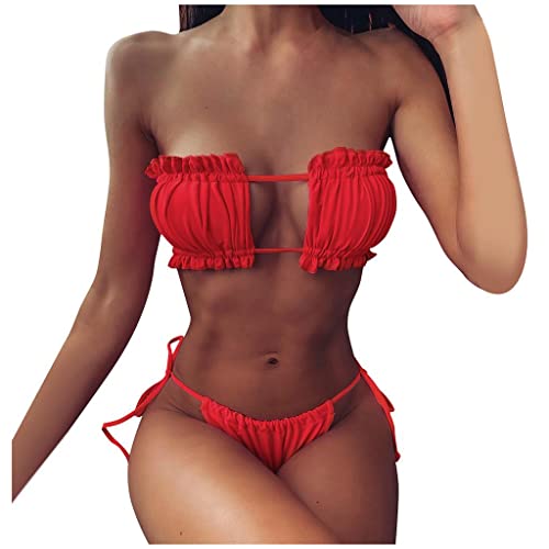 Damen Bikini Set, schulterfrei Bandeau mit Kordelzug & Rüschen High Cut Einfarbig Bademode Gepolsterte Bikini Set, Einfarbige Verknotete Badeanzug Hohe Taille Sommer Sexy Tanga von Bluelucon