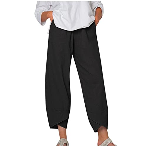 Leinen Hose 7/8 Haremshose Sommerhose Drucken High Waist Yogahose Stoffhose mit Weitem Bein Frauen Lose Bequem Jogginghose Freizeithosen Mit Taschen Casual Locker Langhosen Blumenmuster Yogahose von Bluelucon
