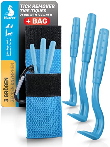 BluePet 3er Set Zeckenhaken für Hunde, Katze, Pferd & Mensch I Zeckenzangen mit Tasche Zeckenhebel als bewährter Zeckenentferner I Alternative zu Zeckenpinzette, Zeckendreher & Zeckenmittel von BluePet