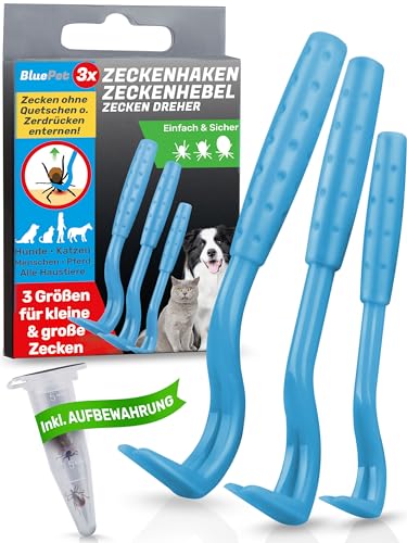 BluePet 3er Set Zeckenhaken für Hunde, Katze, Pferd & Mensch - Zeckenhebel als bewährter Zeckenentferner zur Zeckenzangen I Alternative zu Zeckenpinzette, Zeckendreher, Zeckenschutz & Zeckenmittel von BluePet