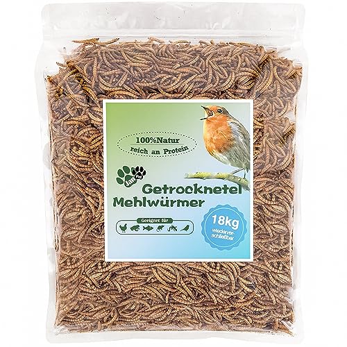 Blumixx Jan-Pet Premium Mehlwürmer getrocknet 18 kg, 18 Beutel x 1 kg wiederverschließbar, Vogelfutter Wildvogelfutter Ganzjahresfutter, Igelfutter, Eichhörnchen Futter, Fisch Futter, Wachtelfutter von Blumixx