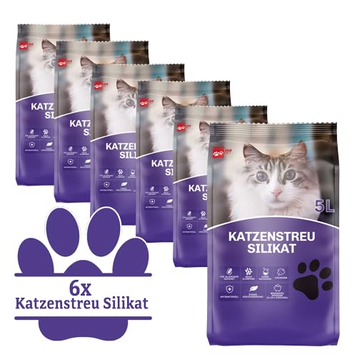 Silikat Katzenstreu 6 x 5 Liter – Staubfreies, Hochabsorbierendes Klumpstreu, Geruchskontrolle, Langanhaltend & Sanft zu Katzenpfoten – Ideal für Saubere und Frische Katzentoiletten von Blumixx