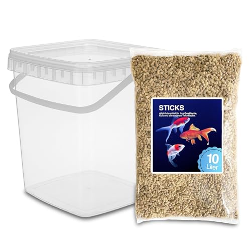 Teichsticks Mix 10L (800g) inklusive Eimer mit Deckel – einfarbiges Fischfutter für Koi, Goldfisch & Teichfisch – schwimmfähig, mit Vitaminen – Premium Alleinfutter, Nicht trübend von Blumixx
