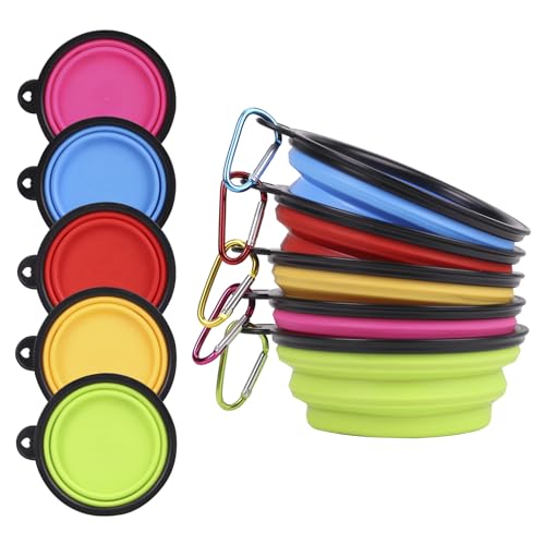 Blusaryme Faltbare Futternäpfe für Katzen und Hunde, tragbar, für Reisen, Wandern, Spazierengehen, faltbares Geschirr mit Karabiner, 5 Stück (Rot, Rosa, Blau, Grün, Gelb) von Blusaryme