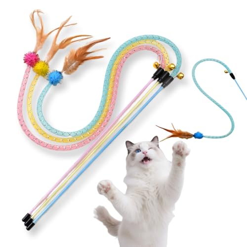 BnbnPup 3er Set Bunter Katzenzauberstab mit verlängertem Netzschlauch, Federn & Glöckchen - Interaktives Spielzeug für Kitten Training BnbnPup 3er Set Bunter Katzenzauberstab mit verlängertem Netzschlauch, Federn & Glöckchen - Interaktives Spielzeug für Kitten Training von BnbnPup