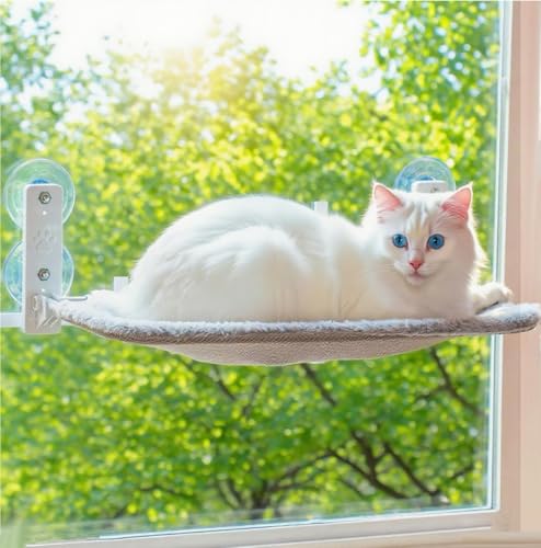 BnbnPup Fensterliege für Katzen Katzenbett Fenster Hängematte mit Starken Saugnäpfen bis 18kg – Abnehmbarer & Wendbarer Bezug, Faltbar & Stabil (Grau, L) von BnbnPup