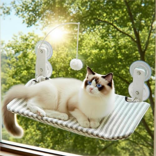 BnbnPup Fensterliege für Katzen Katzenbett Fenster Hängematte mit Starken Saugnäpfen bis 18kg – Abnehmbarer & Wendbarer Bezug, Faltbar & Stabil (Streifen, L) von BnbnPup