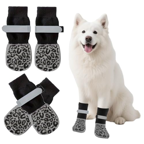 BnbnPup Hundesocken Anti Rutsch 2 Paar | Doppelseitige Pfotenschutz Socken mit Verstellbaren Klettverschlüssen | rutschfeste Traktionskontrolle für Hartholzböden (L, Leopard Classic) von BnbnPup