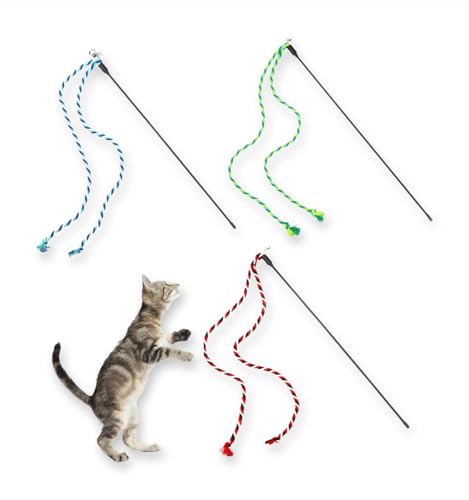 BnbnPup Katzen Zauberstab 3er-Set mit Doppelten Bändern – Bissfestes interaktives Katzenspielzeug, 3 Stück bunte 2-in-1 Zauberstäbe + Glöckchen (47cm Bänder/42cm Griff), ultra-agil für Kitten Training von BnbnPup