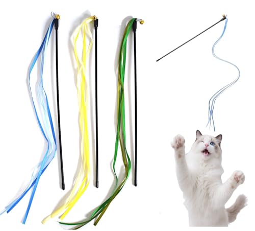 BnbnPup Katzen Zauberstab Spielzeug Set, 3 Stück mit Bunten Beweglichen Bändern (58cm) und Glöckchen, Stab 42cm Katzenangel Stabil für Kitten und Katzen, Bissfest, Katzenspielzeug interaktiv von BnbnPup