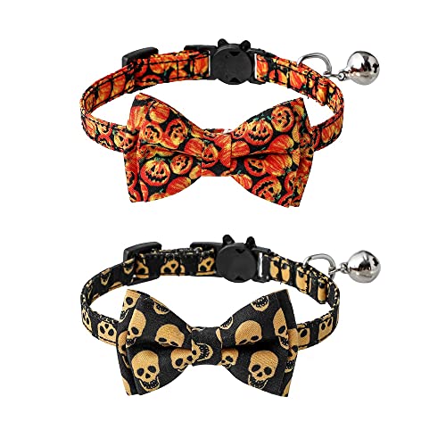 Bnibol Halloween-Katzen-Halsbänder mit abnehmbarer Fliege und Glöckchen, Sicherheits-Halsbänder, geeignet für Jungen, Mädchen, Katzen, 2 Stück (Schwarz/Orange) von Bnibol