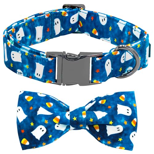 Bobo Rainbow Halloween-Hundehalsband, Geisterdruck, verstellbares Haustierhalsband, blau, niedlich, Baumwolle, weiche Halsbänder mit Fliege, Herbst-Metallschnalle, Urlaub, Welpenhalsbänder, Geschenk von Bobo Rainbow