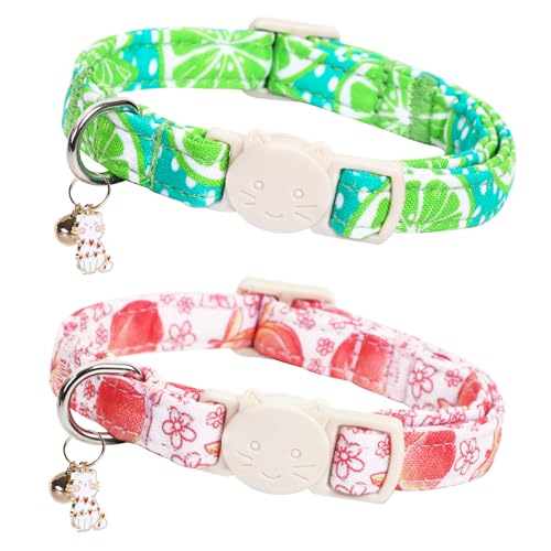 Bobo Rainbow Katzenhalsband, 2 Stück, Katzenhalsbänder, Pfirsich- und Zitronenmuster, mit Kätzchen- und Glöckchen-Anhänger, Sicherheitsschnalle, Haustierhalsband, niedliches Baumwollhalsband für Bobo Rainbow Katzenhalsband, 2 Stück, Katzenhalsbänder, Pfirsich- und Zitronenmuster, mit Kätzchen- und Glöckchen-Anhänger, Sicherheitsschnalle, Haustierhalsband, niedliches Baumwollhalsband für von Bobo Rainbow