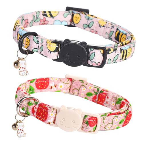 Bobo Rainbow Katzenhalsband, 2 Stück, Katzenhalsbänder mit Bienen- und Erdbeermotiv, mit Kätzchen und Glockenanhänger, Sicherheitsschnalle, verstellbar, niedliches Haustierhalsband für Mädchen, Katzen Bobo Rainbow Katzenhalsband, 2 Stück, Katzenhalsbänder mit Bienen- und Erdbeermotiv, mit Kätzchen und Glockenanhänger, Sicherheitsschnalle, verstellbar, niedliches Haustierhalsband für Mädchen, Katzen von Bobo Rainbow