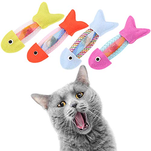 Bodhi2000 Mehrfarbiges Katzenfisch-Plüschbiss-Spielzeug, interaktives Biss-Spielzeug für Katzen, natürliche Matatabi-Katzenminze, Tierbedarf, 4-teiliges Spielzeugset von Bodhi2000