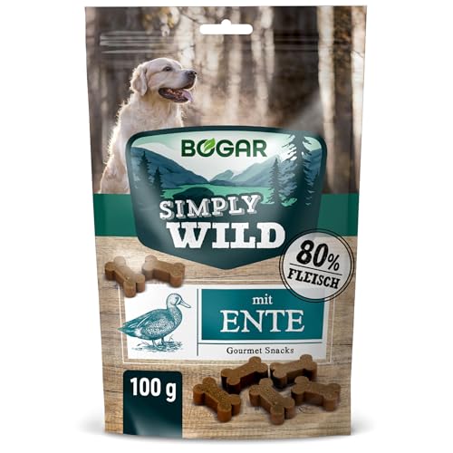 Bogar - Simply Wild - Hundeleckerli - Hundefutter als Ergänzung zur gewohnten Ernährung - Weiche Hundeknochen - Leckereien für Hunde mit Entengeschmack - 100 g - Unterstützung für die Hundepflege von Bogar