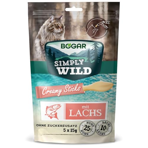 Bogar – Simply Wild – Katzenleckerlis – Ergänzung zur Katzenfutter – Cremige Katzensticks mit Lachs – Leckere Katzensnacks zur Katzenpflege & Belohnung – Perfekt für Interaktive Momente – 5x15 g von Bogar