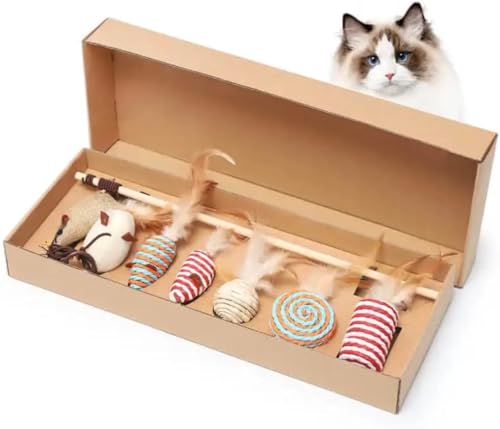 Bohrma Katzenspielzeug Selbstbeschäftigung Katzenangel – 7-teilig Interaktives katzenspielzeug mit Bällen, Mäusen, Federn & Holzangel – Interaktiv, Für Katzen jeden Alters –Interaktives Cat Toy von Bohrma