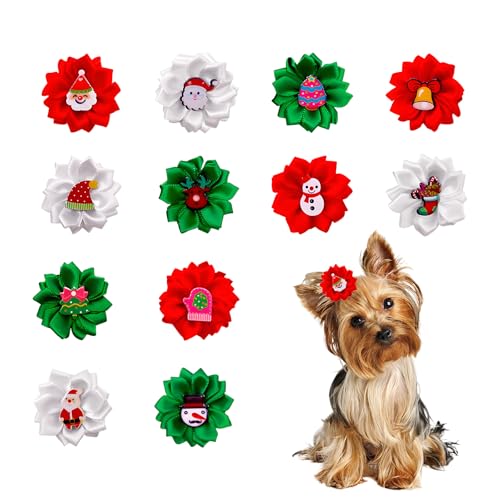 Bohue 12 x Weihnachts-Haarschleifen für Hunde und Welpen, einzigartige Haustierkopf-Blume, Weihnachtsschleifen, Haustierzubehör für kleine Hunde und Katzen von Bohue