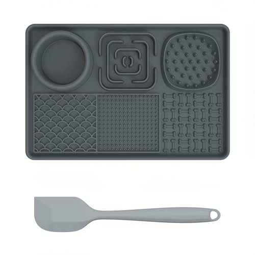 Leckmatte für Hunde, 3 in 1 Premium Hund Leckmatte, Slow Feeder Hundenäpfe Silikon Fütterungsmatte für Erdnussbutter Joghurt Leckpad für Welpen Katze Haustiere Baden Fellpflege Trainingsmatte (Grau) Leckmatte für Hunde, 3 in 1 Premium Hund Leckmatte, Slow Feeder Hundenäpfe Silikon Fütterungsmatte für Erdnussbutter Joghurt Leckpad für Welpen Katze Haustiere Baden Fellpflege Trainingsmatte (Grau) von Bokelai