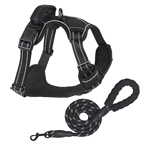 No Pull Dog Harness and Lead Set Adjustable Reflective Pet Vest with Front Clip for Small Medium Large Dogs Handle and Breathable Padded Best for Outdoor Training and Walking Black L von Bokelai