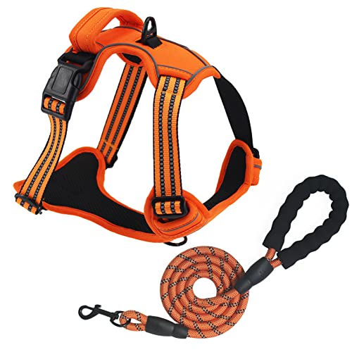 No Pull Dog Harness and Lead Set Adjustable Reflective Pet Vest with Front Clip for Small Medium Large Dogs Handle and Breathable Padded Best for Outdoor Training and Walking Orange L von Bokelai