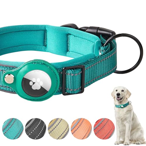 Boloshine AirTag Hundehalsband, Verstellbares Reflektierend Halsband Hund, Integriertes Apple Air Tag Hundehalsband Weich Gepolstertes für Große Mittelgroße Kleine Hunde (Cyan, M) von BoloShine