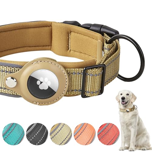 Boloshine AirTag Hundehalsband, Verstellbares Reflektierend Halsband Hund, Integriertes Apple Air Tag Hundehalsband Weich Gepolstertes für Große Mittelgroße Kleine Hunde (Khaki, L) von BoloShine