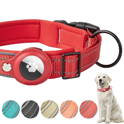 Boloshine AirTag Hundehalsband, Verstellbares Reflektierend Halsband Hund, Integriertes Apple Air Tag Hundehalsband Weich Gepolstertes für Große Mittelgroße Kleine Hunde (Rot, L) von BoloShine