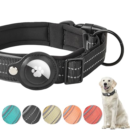 Boloshine AirTag Hundehalsband, Verstellbares Reflektierend Halsband Hund, Integriertes Apple Air Tag Hundehalsband Weich Gepolstertes für Große Mittelgroße Kleine Hunde (Schwarz, L) von BoloShine