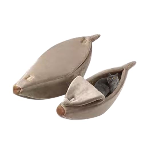 BomDog Beruhigendes Katzenbett, Katzenbetten Beruhigendes Katzenbett Kuschelhöhle Katze, Warmes Haustiernest Bananenform, Abgedecktes Katzenbett für Drinnen und Draußen (M, Khaki) von BomDog