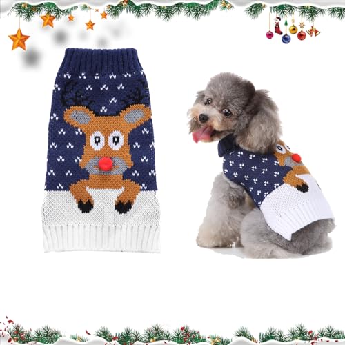 Weihnachten Hund Pullover Warmhalten Katze Weihnachten Kostüm Hundebekleidung Weihnachten Neujahr Hundepullover Haustier Winter Strickwaren (Blau-weiß, XXL) von BomDog