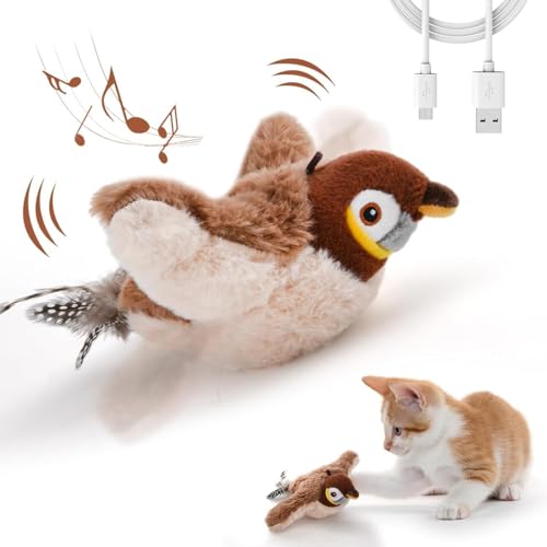 BomKra Interaktives Katzenspielzeug Vogel - Fliegender Katzenspielzeug Vogel Elektrisch Flattern mit Vogelruf, Wiederaufladbar, 3 Vibrationsmodi Katzen Spielzeug von BomKra