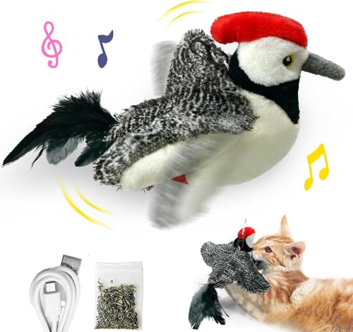 BomKra Interaktives Katzenspielzeug Vogel - Elektrisch Mit Katzenminze, Flatternd Mit Vogelruf, Wiederaufladbar, 3 Vibrationsmodi (Specht) von BomKra