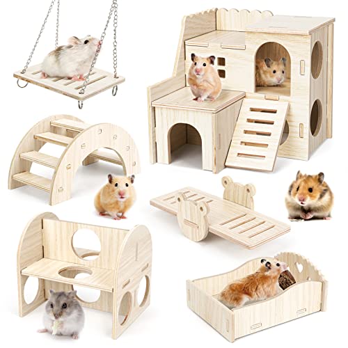 Bomoya 6 Stück DIY Hamster Spielzeug aus Holz, Haus Versteck Kauspielzeug Zubehör Meerschweinchen Chinchillas Rennmäuse Zwerghamster von Bomoya