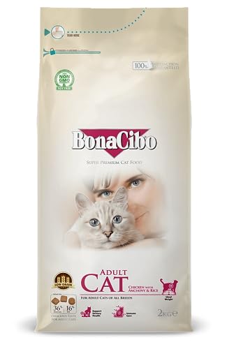 BONACIBO Ausgewachsene Katzenfutter | Super Premium Trockenfutter für Erwachsene Katzen Aller Rassen | Huhn Reis und Sardellen | 2 KG von Bonacibo