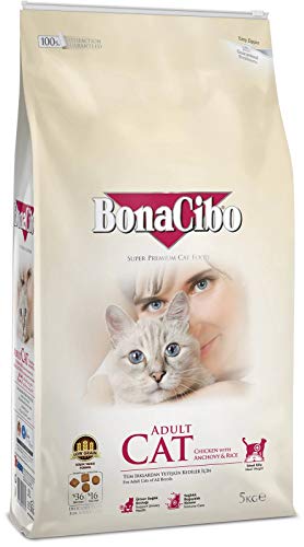 BONACIBO Ausgewachsene Katzenfutter | Super Premium Trockenfutter für Erwachsene Katzen Aller Rassen | Huhn Reis und Sardellen | 5 KG von Bonacibo