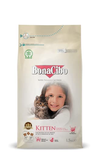 BONACIBO Kitten Trockenfutter | Super Premium Trockenfutter für Alle Rassen bis zu 1 Jahr | Huhn Reis und Fish | 1,5 KG von Bonacibo