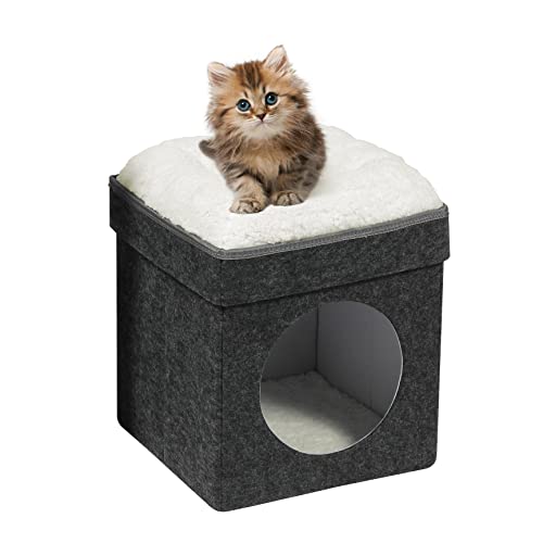 Bonlife Winter-Katzenhaus für den Innenbereich, faltbar, mit zwei herausnehmbaren Kissen, warm, bequem, Grau, 32 x 32 x 39 cm von Bonlife